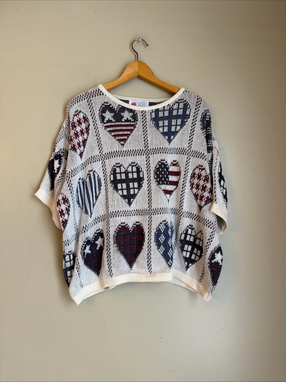 Vtg Cotton Harbor American Flag Heart Sweater Short Sleeve 4th Of July America L